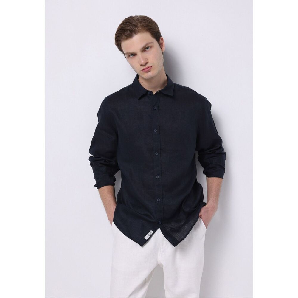 ✨Colins Slim Fit Plain Navy Linen Blend Button Down Sz Large Shirt✨